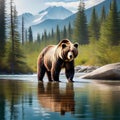 Wondrous brown grizzly bear in outdoor double exposure with natural taiga forest mountain background design as concept