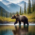 Wondrous brown grizzly bear in outdoor double exposure with natural taiga forest mountain background design as concept