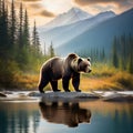 Wondrous brown grizzly bear in outdoor double exposure with natural taiga forest mountain background design as concept