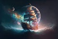 Wondrous fantasy sailing ship travel through cosmical space and ocean wave.
