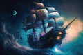 Wondrous fantasy sailing ship travel through cosmical space and ocean wave.