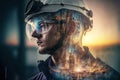 Wondrous modern oil refinery and portrait of engineer double exposure. Royalty Free Stock Photo