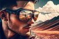 Wondrous portrait of motorcycle rider with sunglasses and reflection of mountain