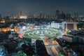 Wongwian Yai roundabout. Aerial view of highway junctions. Roads shape circle in architecture and technology transportation