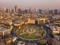 Wongwian Yai roundabout. Aerial view of highway junctions. Roads shape circle in structure of architecture and technology