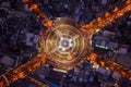 Wongwian Yai roundabout. Aerial view of highway junctions. Roads shape circle in structure of architecture and technology