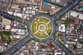 Wongwian Yai roundabout. Aerial view of highway junctions. Roads shape circle in structure of architecture and technology