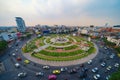 Wongwian Yai roundabout. Aerial view of highway junctions. Roads shape circle in structure of architecture and technology