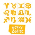 Wonky style illustration of 12 zodiac signs