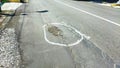 A big pothole pit marked with spray paint