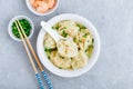 Wonton soup bowl. Shrimp or pork wonton soup with green onion