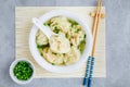 Wonton soup bowl. Shrimp or pork wonton soup with green onion