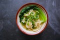 wonton soup or pangsit or dumplings soup and vegetable. wonton is traditional Chinese food of minced meat wrapped in flour sheets Royalty Free Stock Photo