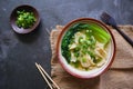 wonton soup or pangsit or dumplings soup and vegetable. wonton is traditional Chinese food of minced meat wrapped in flour sheets Royalty Free Stock Photo