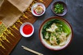 wonton soup or pangsit or dumplings soup and vegetable. wonton is traditional Chinese food of minced meat wrapped in flour sheets Royalty Free Stock Photo