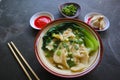 wonton soup or pangsit or dumplings soup and vegetable. wonton is traditional Chinese food of minced meat wrapped in flour sheets Royalty Free Stock Photo