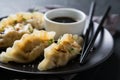 Wonton stuffed with soy sauce on a dark table Royalty Free Stock Photo