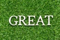 Wood letter in word great on artificial green grass background