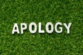 Wood alphabet in word apology on artificial green grass background Royalty Free Stock Photo