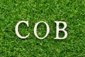Wood alphabet in word COB abbreviation of close of business on green grass background