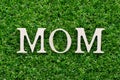 Wood alphabet in word mom on green grass background