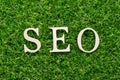 Wood alphabet in word SEO Abbreviation of search engine optimization on artificial green grass background Royalty Free Stock Photo