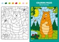 Wood animals coloring page for kids, bear in forest.