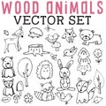 Wood Animals Vector Set with hedgehogs, birds, owls, bears, deer, bunnies, racoons, toadstools, leaves, and trees.