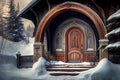 wood arched doorway to house exterior of the winter chalet