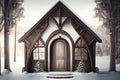 wood arched doorway to house exterior of the winter chalet