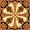 Wood art inlay tile, geometric ornament from dark and light wood in antiquarian style