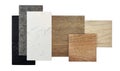 wood and artificial stone texture. ceramic flooring tiles and quartz stones samples isolated on background with clipping path. Royalty Free Stock Photo