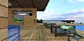 Wood as a basic building material of the stylish patio in the yard of the contemporary club hotel. 3d rendering