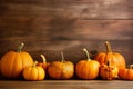 wood autumn pumpkin background season wooden orange foliage leaf halloween fall. Generative AI.