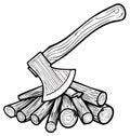 Wood Axe and Pile of Wood Graphic: Monochrome Lumberjack Theme Icon Royalty Free Stock Photo