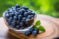 Wood background accents a glass bowl of plump, organic blueberries