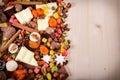 Wood background with sweets and chocolate Royalty Free Stock Photo