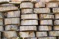 Wood background texture. Cross section of tree trunk. spili trees stumps stacked in stacks. Used for garden doropok, interior and