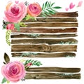 Wood Banners with rose flower. Rose flower watercolor. Wedding decorative element. Wood panel set. Royalty Free Stock Photo