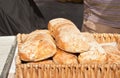 Wood basket of of homemade, freshly bakes loafs bread