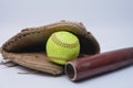 Wood bat, leather glove and softball