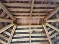 Wood beams in ceiling of shed with nests