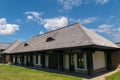 Wood beams structure house with old traditional cedar wood planks tiles roof Royalty Free Stock Photo