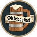 Wood beer with ribbon. Vector engraving color vintage. OktoberFest gothic lettering