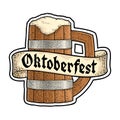 Wood beer with ribbon. Vector engraving color vintage. OktoberFest gothic lettering