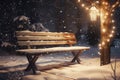 Wood bench covered with snow on illuminated street. Generate ai