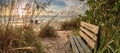 Wood bench overlooks White sand path leading toward Delnor Wiggins State Park