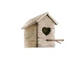 Wood birdhouse watercolor illustration. Hand painted image bird house with heart shape entrance. Wooden home handmade full of love