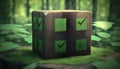 Wood block with green checkmarks nature background generative ai