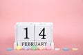 Wood blocks with date February 14th Valentines Day